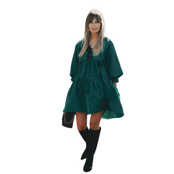 Zara Voluminous Taffeta Green V-Neck Dress - Size XL - Picture 2 of 11